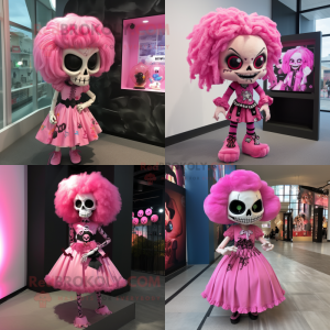 Pink Skull mascot costume character dressed with A-Line Dress and Hair clips