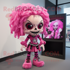 Pink Skull mascot costume character dressed with A-Line Dress and Hair clips