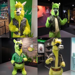 Lime Green Llama mascot costume character dressed with Leather Jacket and Brooches