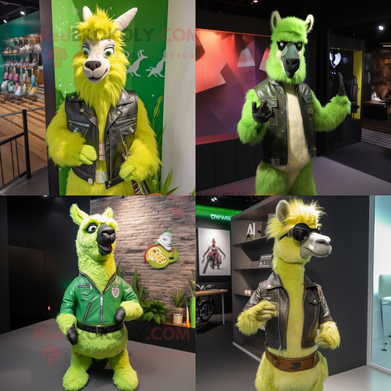 Lime Green Llama mascot costume character dressed with Leather Jacket and Brooches Lime Green Llama mascot costume character dressed with Leather Jacket and Brooches