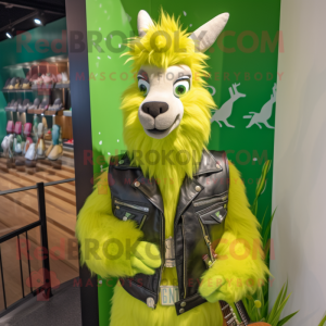 Lime Green Llama mascot costume character dressed with Leather Jacket and Brooches