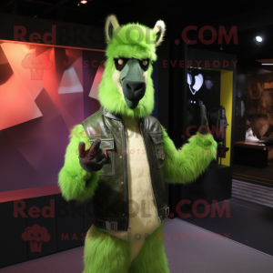 Lime Green Llama mascot costume character dressed with Leather Jacket and Brooches