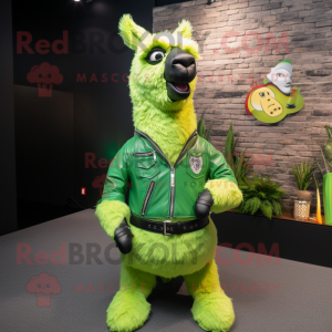 Lime Green Llama mascot costume character dressed with Leather Jacket and Brooches