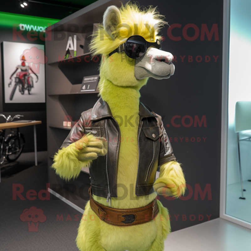 Lime Green Llama mascot costume character dressed with Leather Jacket and Brooches Lime Green Llama mascot costume character dressed with Leather Jacket and Brooches