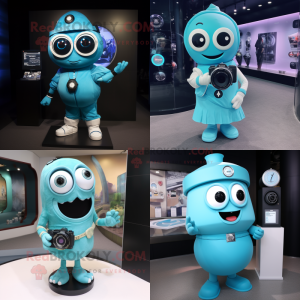 Cyan Camera mascot costume character dressed with Dress and Bracelet watches