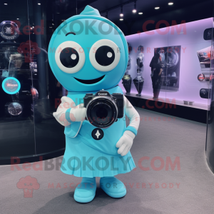 Cyan Camera mascot costume character dressed with Dress and Bracelet watches