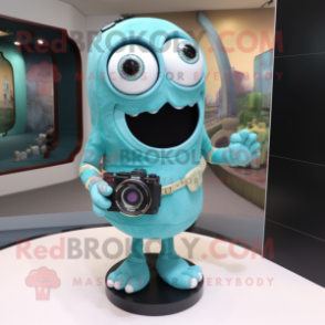 Cyan Camera mascot costume character dressed with Dress and Bracelet watches