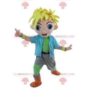 Blond boy mascot young teenager in colorful outfit -