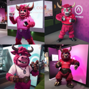 Magenta Minotaur mascot costume character dressed with Blouse and Smartwatches