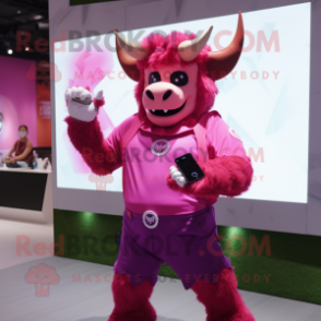 Magenta Minotaur mascot costume character dressed with Blouse and Smartwatches