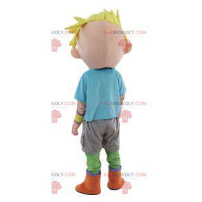Blond boy mascot young teenager in colorful outfit -