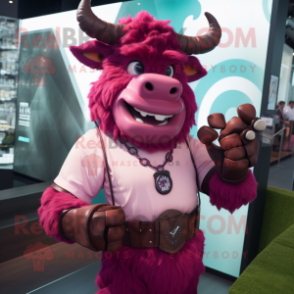 Magenta Minotaur mascot costume character dressed with Blouse and Smartwatches