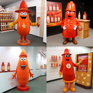 Orange Bottle of ketchup mascot costume character dressed with Sweater and Hat pins