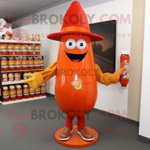 Orange Bottle of ketchup mascot costume character dressed with Sweater and Hat pins