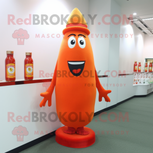 Orange Bottle of ketchup mascot costume character dressed with Sweater and Hat pins