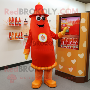 Orange Bottle of ketchup mascot costume character dressed with Sweater and Hat pins