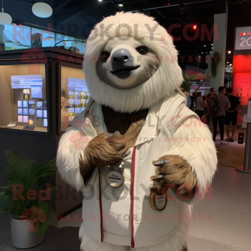 White giant sloth mascot costume character dressed with Cardigan and Lapel pins