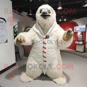 White giant sloth mascot costume character dressed with Cardigan and Lapel pins