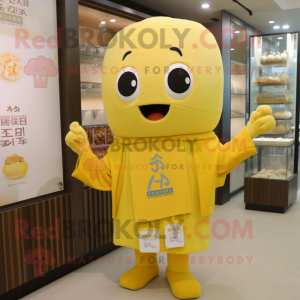 Yellow Miso Soup mascot costume character dressed with Cardigan and Necklaces