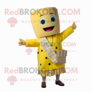 Yellow Miso Soup mascot costume character dressed with Cardigan and Necklaces
