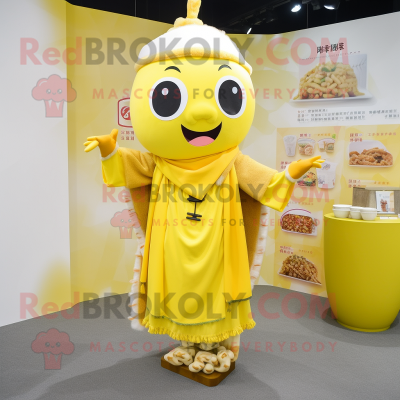 Yellow Miso Soup mascot costume character dressed with Cardigan and Necklaces Yellow Miso Soup mascot costume character dressed with Cardigan and Necklaces