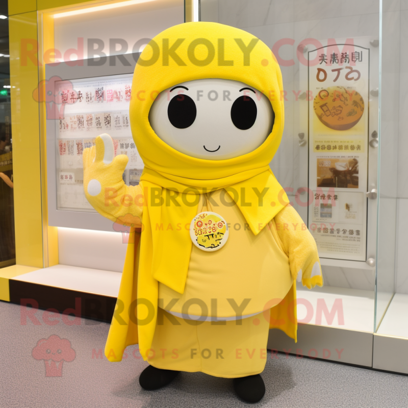 Yellow Miso Soup mascot costume character dressed with Cardigan and Necklaces