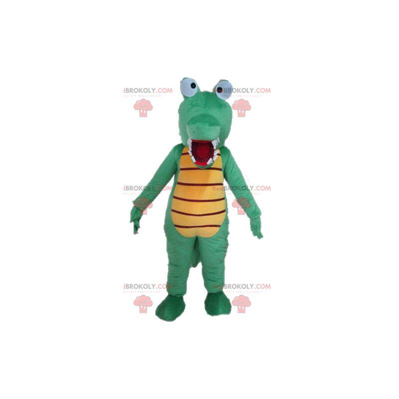 Mascote crocodilo verde e amarelo muito engraçado e colorido -