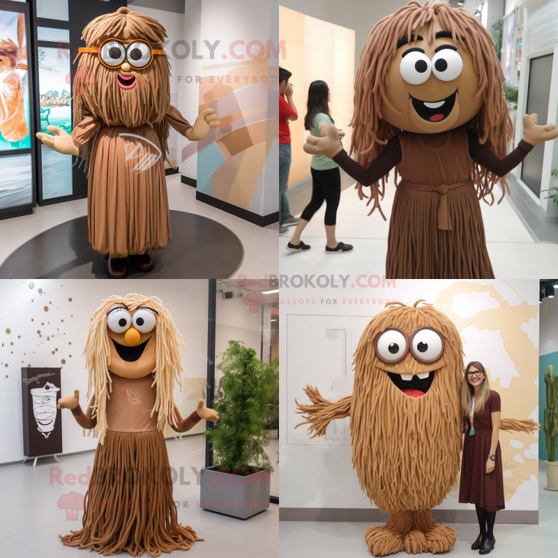 Brown Spaghetti mascot costume character dressed with Midi Dress and Eyeglasses