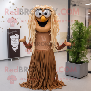 Brown Spaghetti mascot costume character dressed with Midi Dress and Eyeglasses