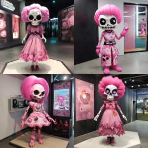 Pink Skull mascot costume character dressed with A-Line Dress and Hair clips