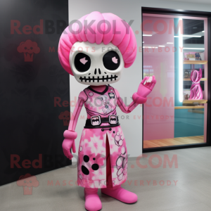 Pink Skull mascot costume character dressed with A-Line Dress and Hair clips