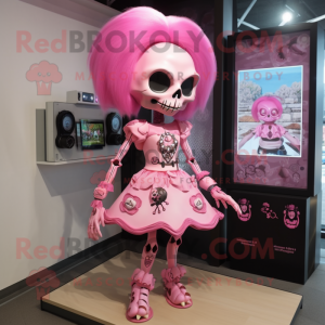 Pink Skull mascot costume character dressed with A-Line Dress and Hair clips