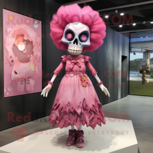 Pink Skull mascot costume character dressed with A-Line Dress and Hair clips