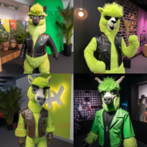 Lime Green Llama mascot costume character dressed with Leather Jacket and Brooches