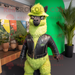 Lime Green Llama mascot costume character dressed with Leather Jacket and Brooches