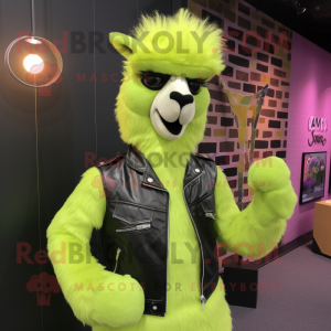 Lime Green Llama mascot costume character dressed with Leather Jacket and Brooches