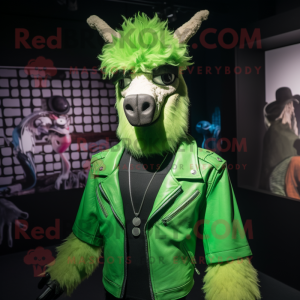 Lime Green Llama mascot costume character dressed with Leather Jacket and Brooches