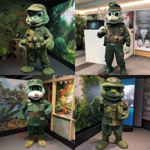 Forest Green marine recon mascot costume character dressed with Playsuit and Brooches