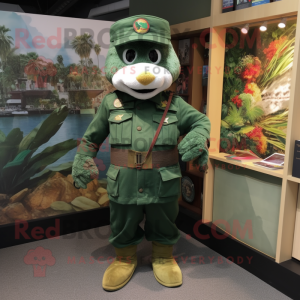 Forest Green marine recon mascot costume character dressed with Playsuit and Brooches
