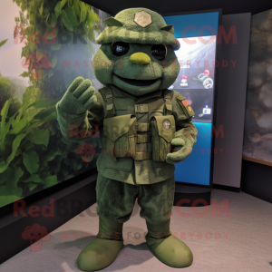 Forest Green marine recon mascot costume character dressed with Playsuit and Brooches