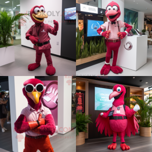 Maroon Flamingo mascot costume character dressed with Vest and Smartwatches