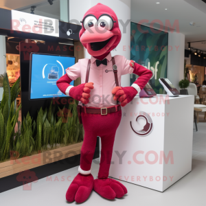 Maroon Flamingo mascot costume character dressed with Vest and Smartwatches