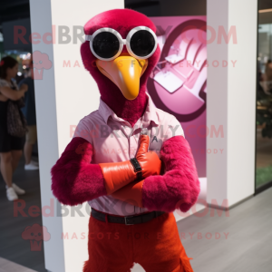 Maroon Flamingo mascot costume character dressed with Vest and Smartwatches