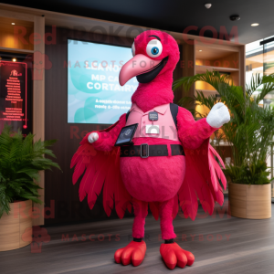 Maroon Flamingo mascot costume character dressed with Vest and Smartwatches