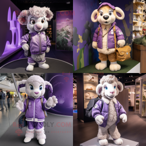 Lavender Ram mascot costume character dressed with Bomber Jacket and Handbags