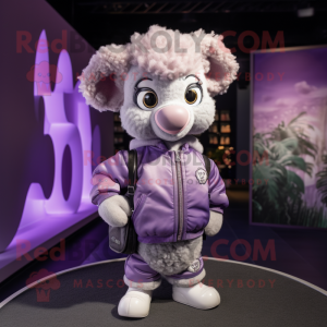 Lavender Ram mascot costume character dressed with Bomber Jacket and Handbags