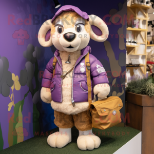 Lavender Ram mascot costume character dressed with Bomber Jacket and Handbags