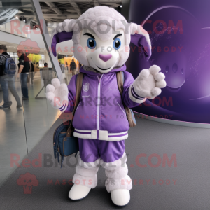 Lavender Ram mascot costume character dressed with Bomber Jacket and Handbags