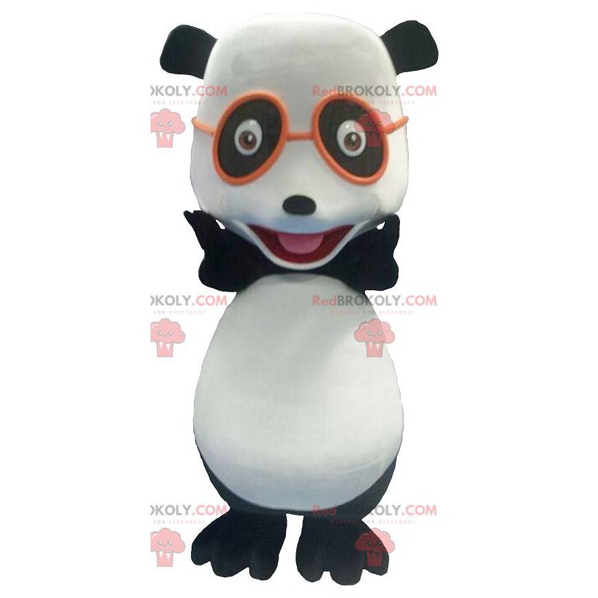 Mascotte de panda noir et blanc avec des lunettes -