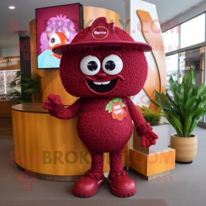 Maroon Raspberry mascot costume character dressed with Bikini and Anklets